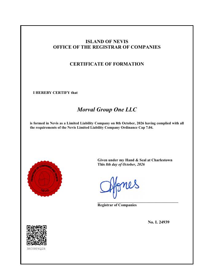 First page of Morval Group One LLC Certificate of Formation